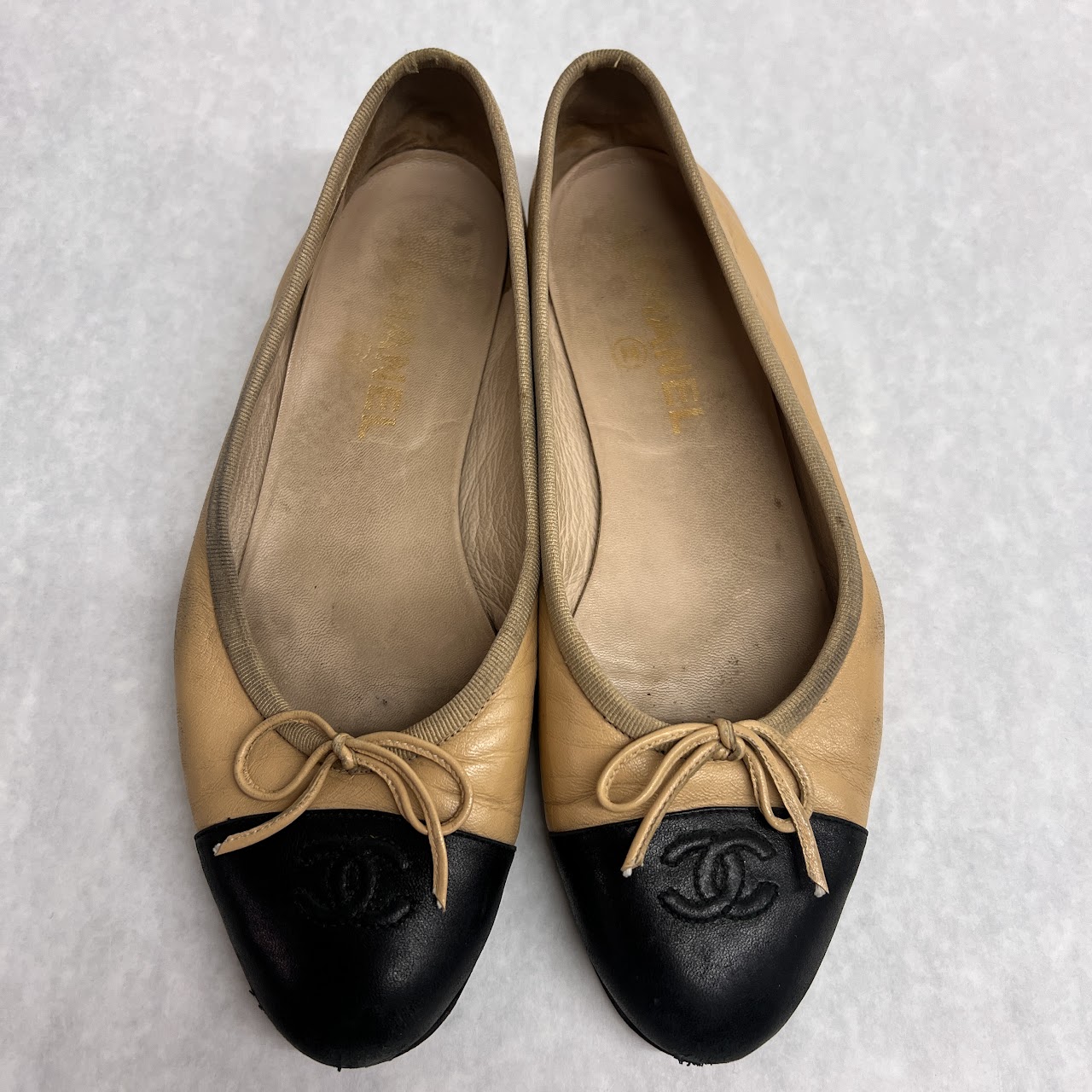 Chanel Tan and Black Cap Toe Ballet Flats