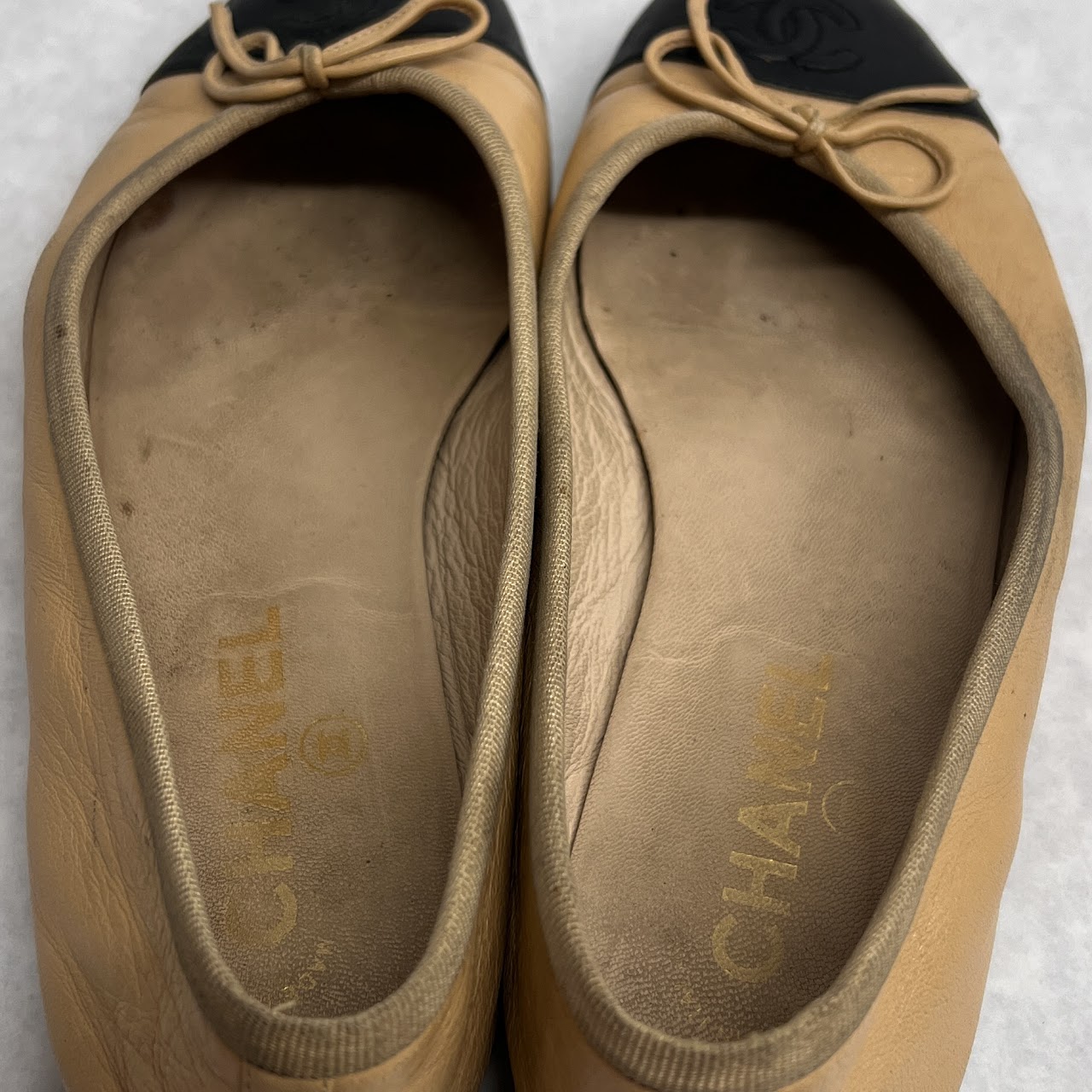 Chanel Tan and Black Cap Toe Ballet Flats