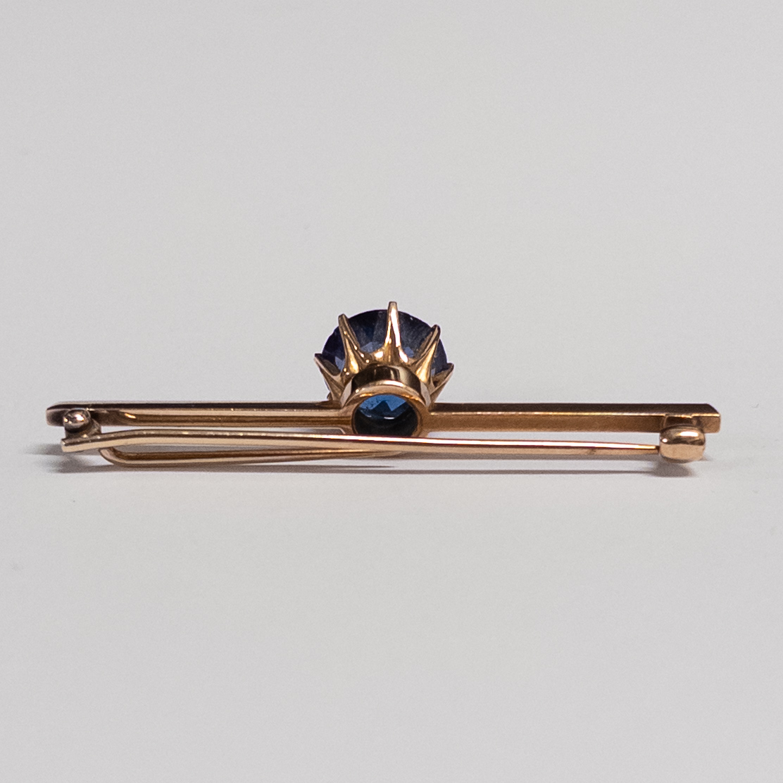 14K Gold and Blue Crystal Art Deco Bar Pin