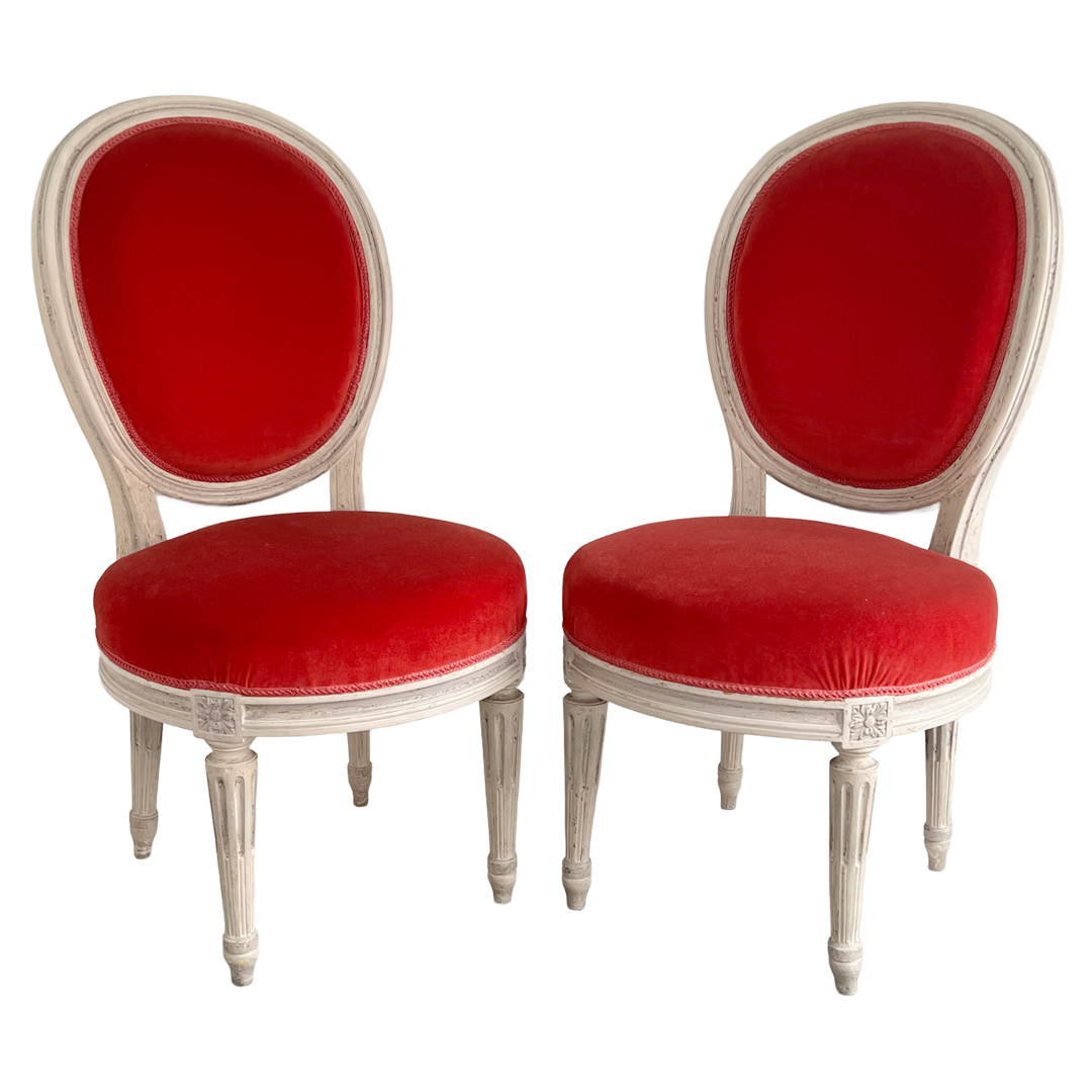 Louis XVI Style Velvet Upholstered Diminutive Chair Pair