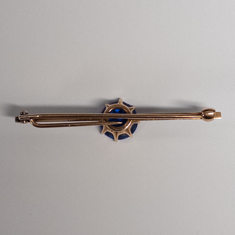 14K Gold and Blue Crystal Art Deco Bar Pin