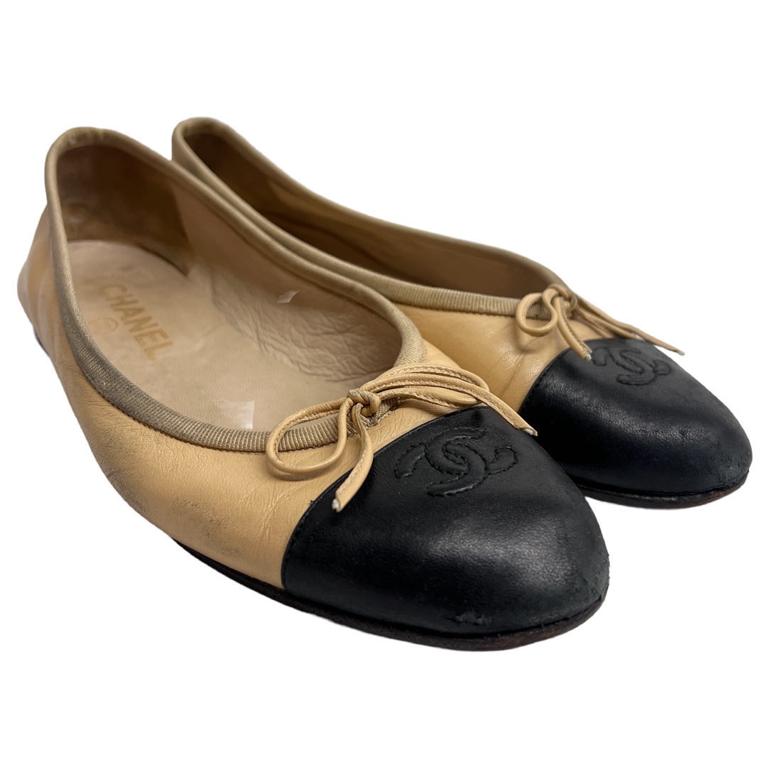 Chanel Tan and Black Cap Toe Ballet Flats