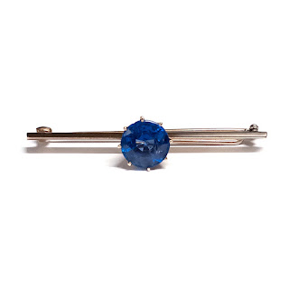 14K Gold and Blue Crystal Art Deco Bar Pin