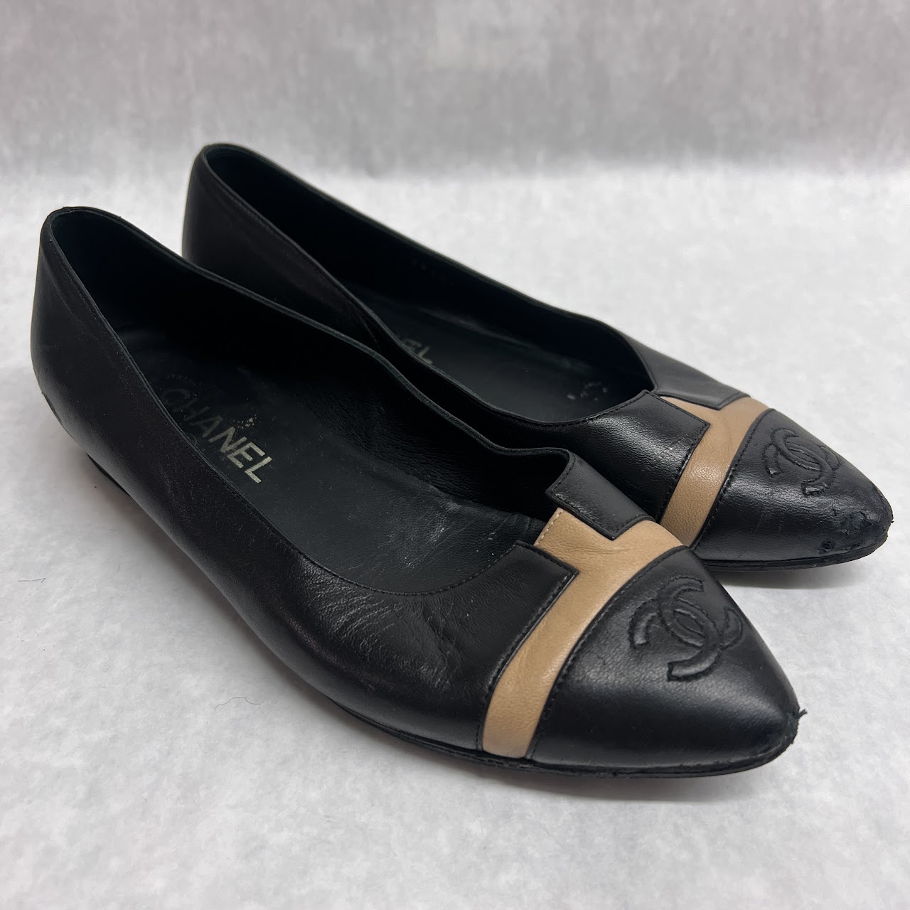 Chanel Black and Tan Cap Toe Ballet Flats