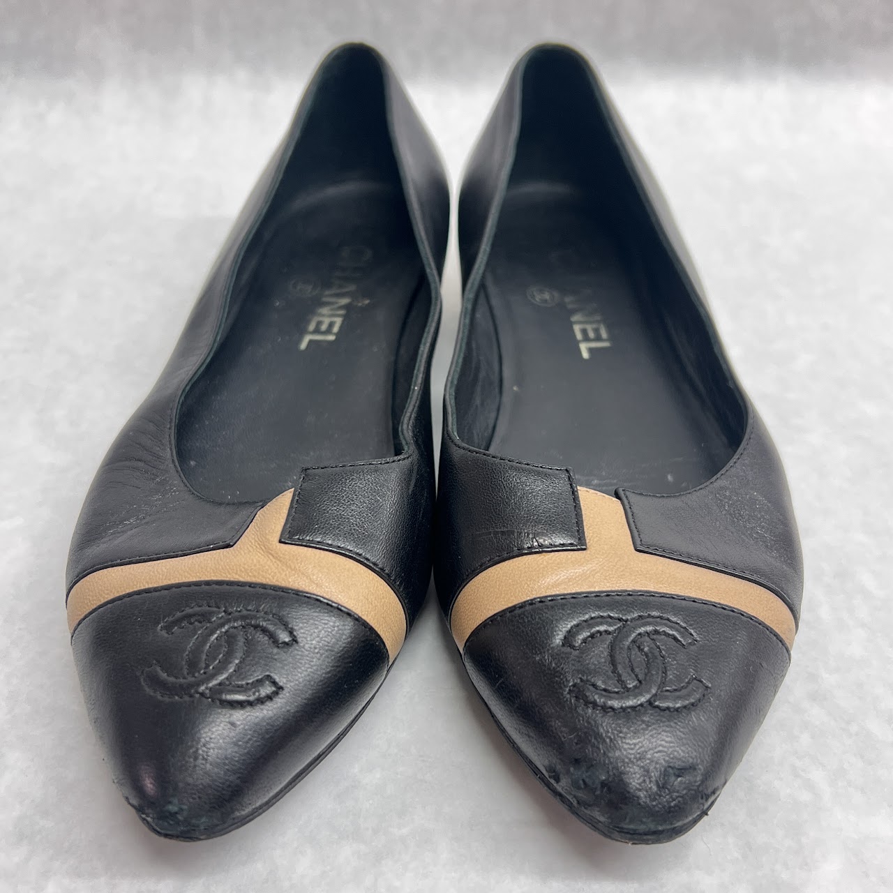 Chanel Black and Tan Cap Toe Ballet Flats