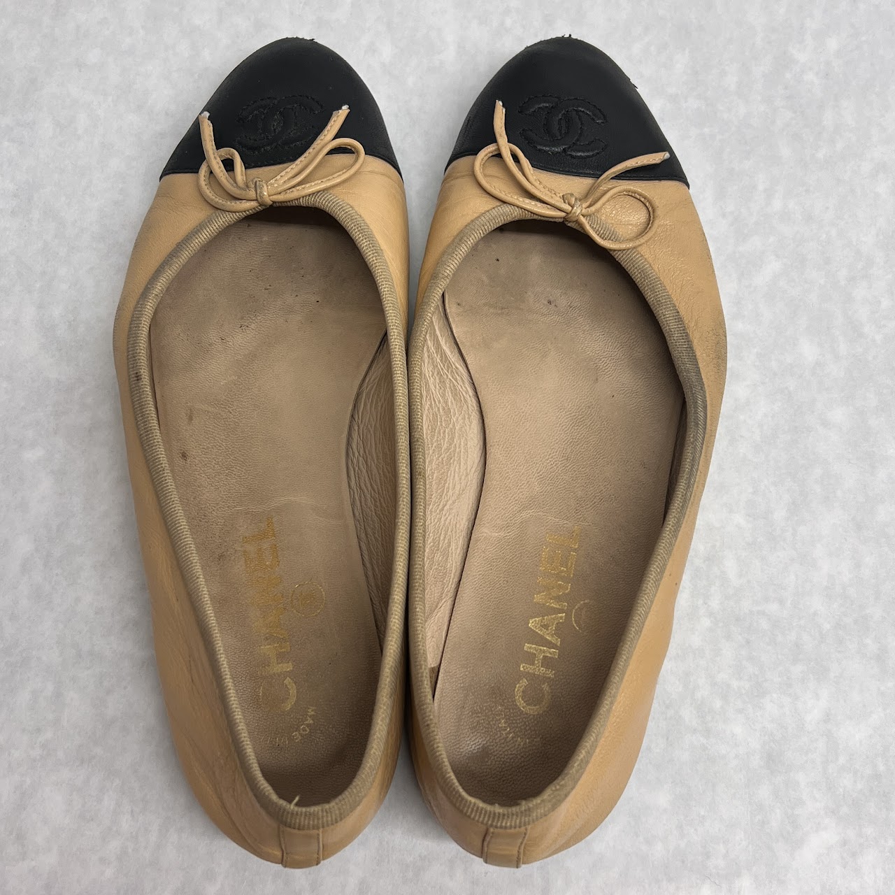 Chanel Tan and Black Cap Toe Ballet Flats