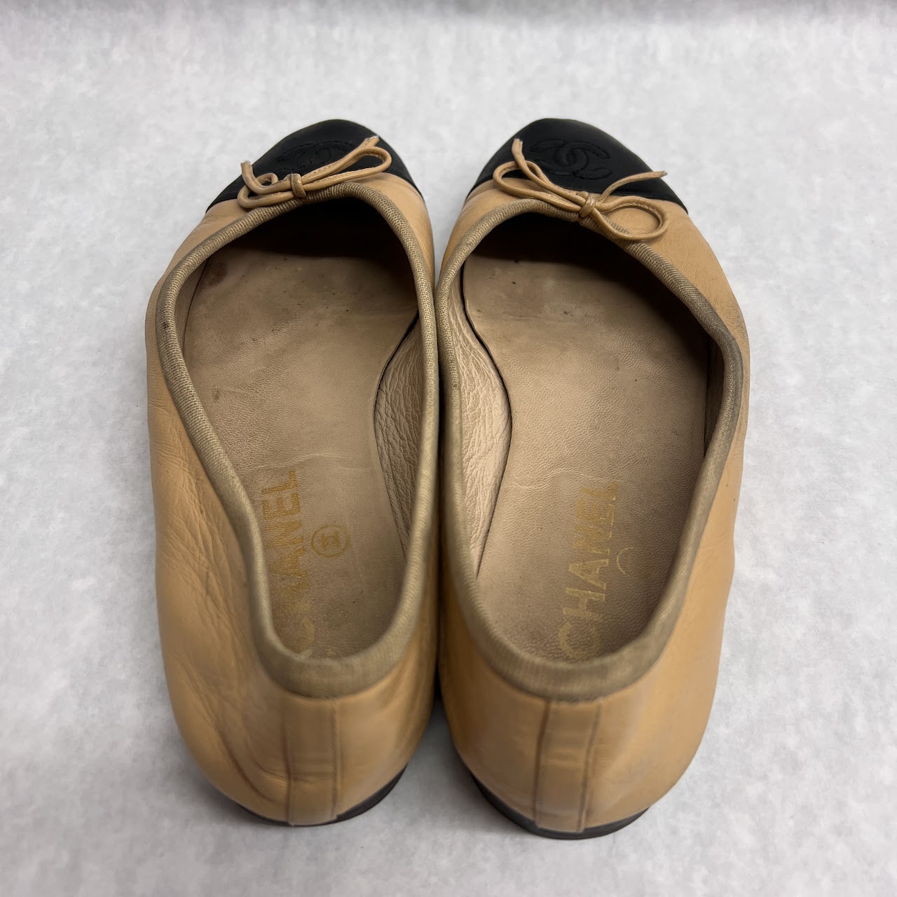 Chanel Tan and Black Cap Toe Ballet Flats