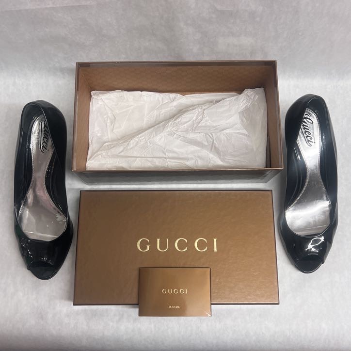 Gucci Patent Leather Peep Toe Platform Wedges