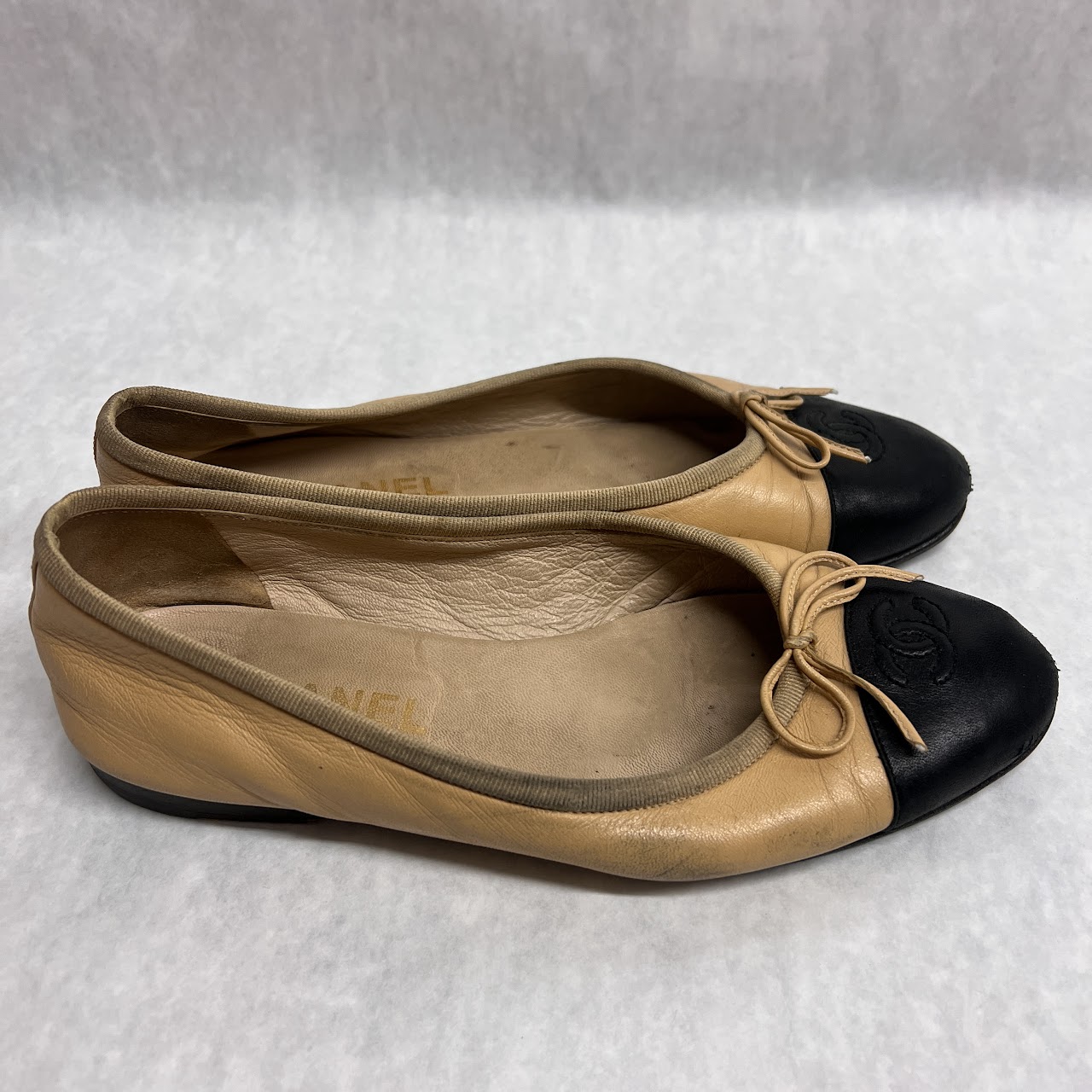 Chanel Tan and Black Cap Toe Ballet Flats