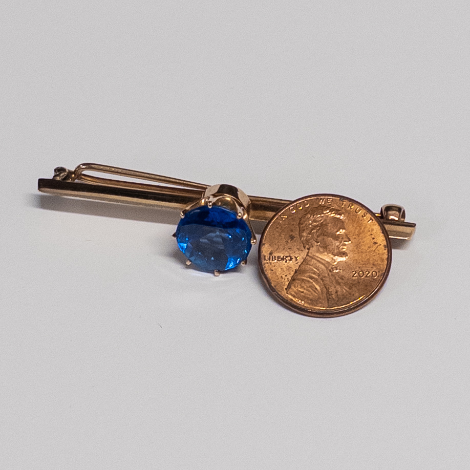 14K Gold and Blue Crystal Art Deco Bar Pin