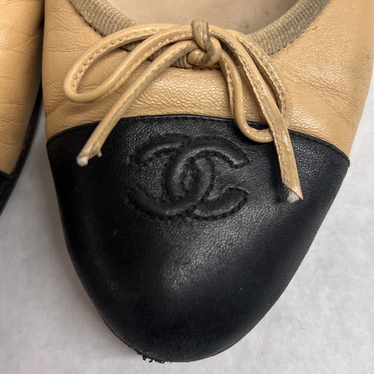 Chanel Tan and Black Cap Toe Ballet Flats