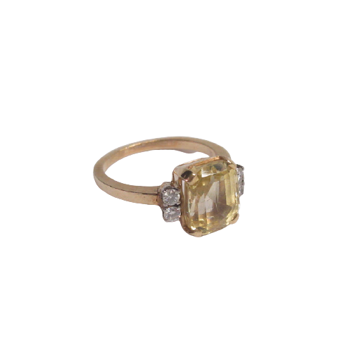 14K Gold, Yellow Stone, and Diamond Ring