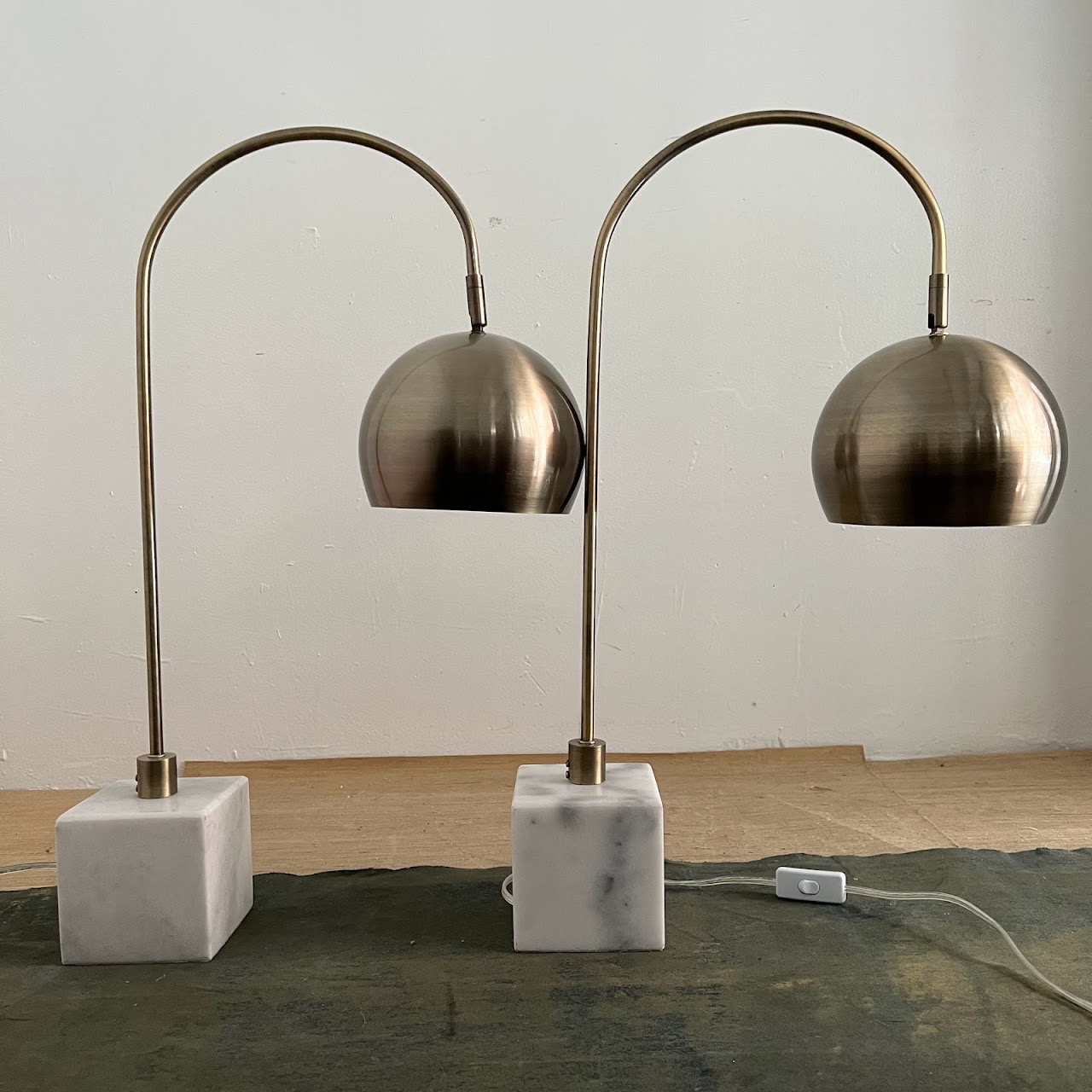 Antiqued Brass & Stone Gooseneck Table Lamp Pair