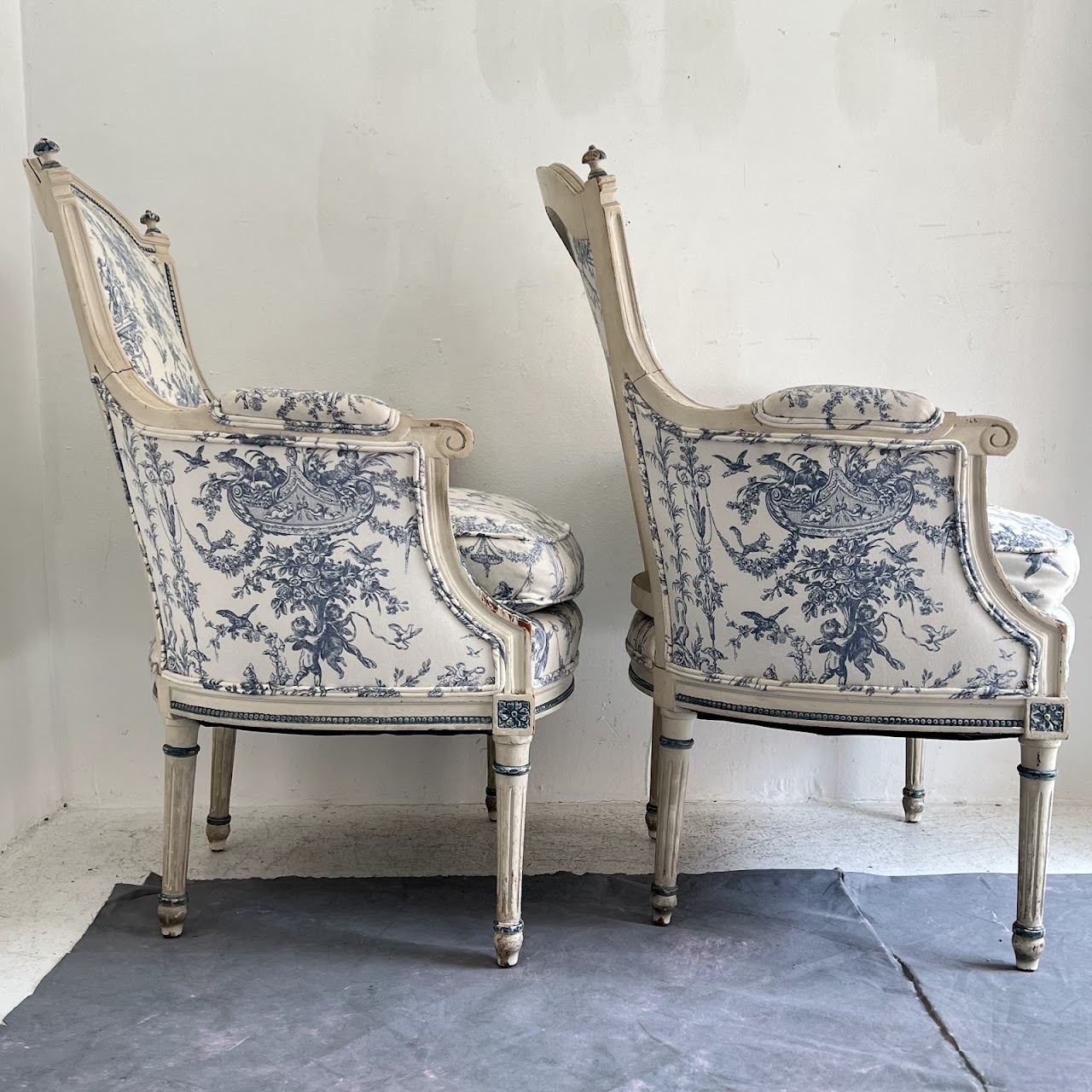 Louis XVI Style Toile Upholstered Armchair Pair