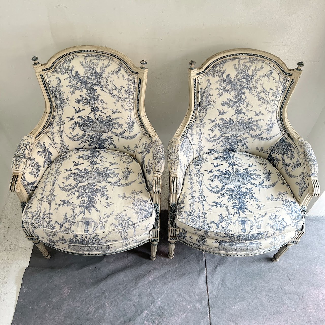 Louis XVI Style Toile Upholstered Armchair Pair