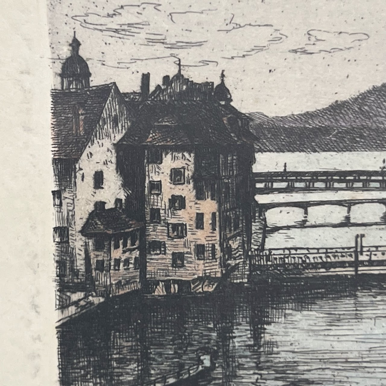 Lucerne Signed Hand-Colored Antique Cityscape Engraving