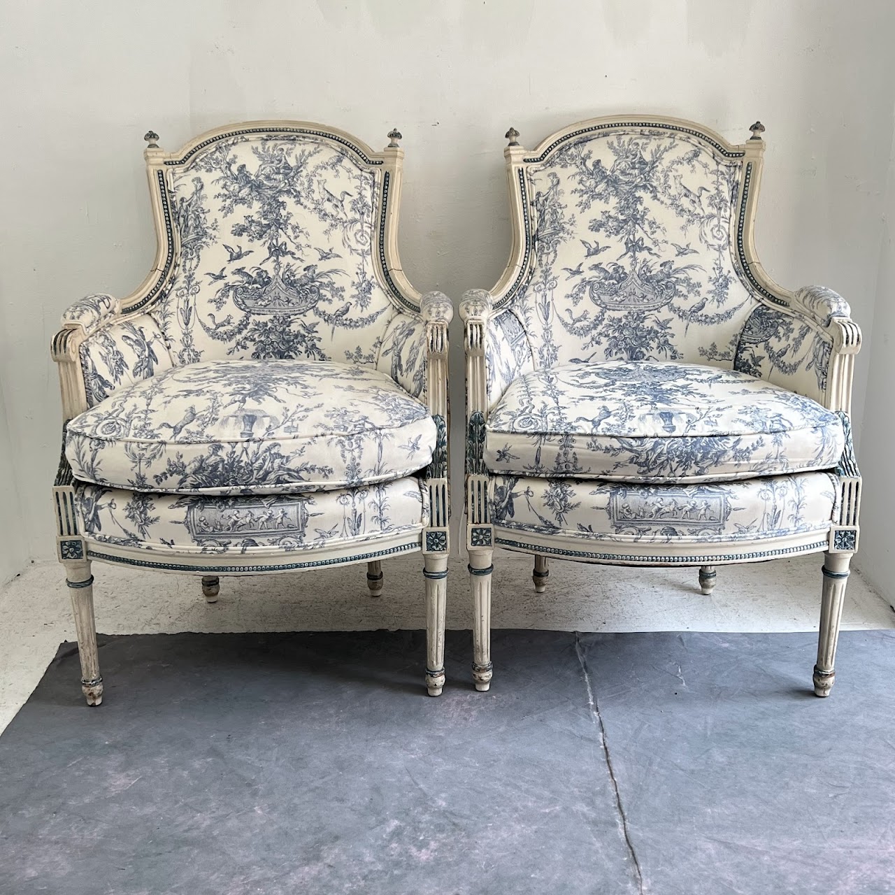 Louis XVI Style Toile Upholstered Armchair Pair