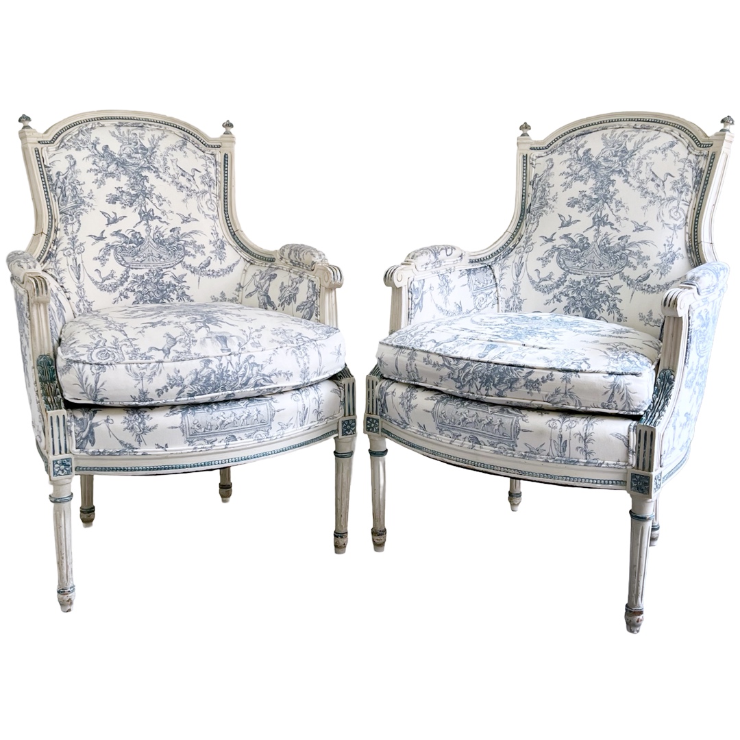 Louis XVI Style Toile Upholstered Armchair Pair