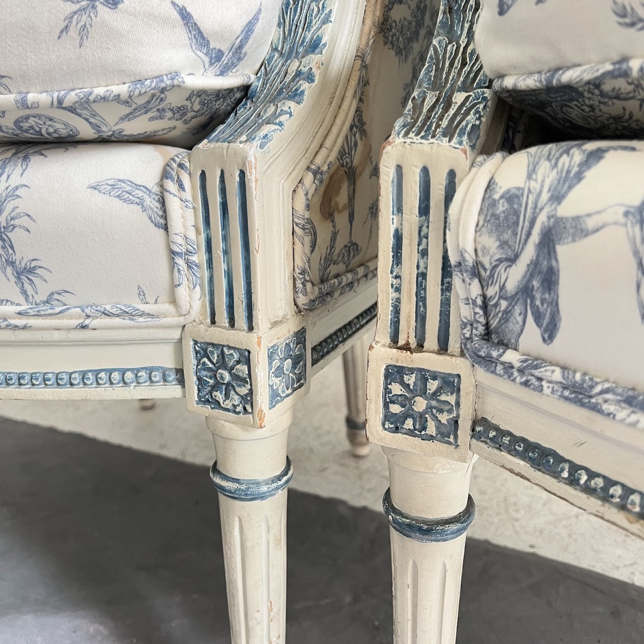 Louis XVI Style Toile Upholstered Armchair Pair