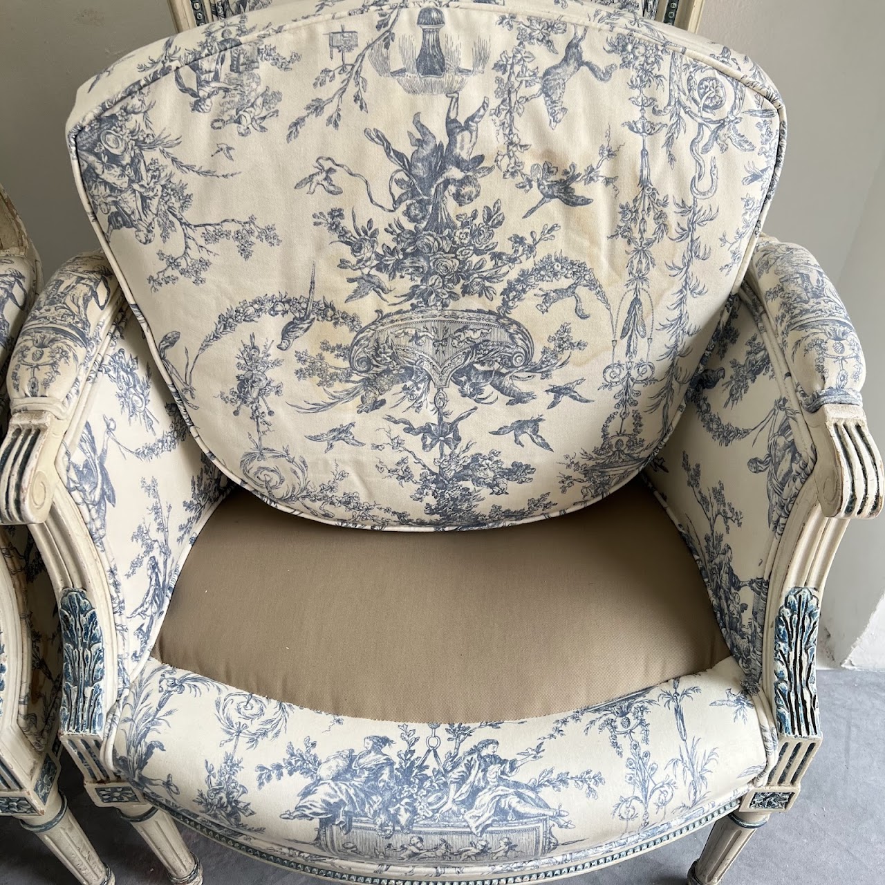 Louis XVI Style Toile Upholstered Armchair Pair