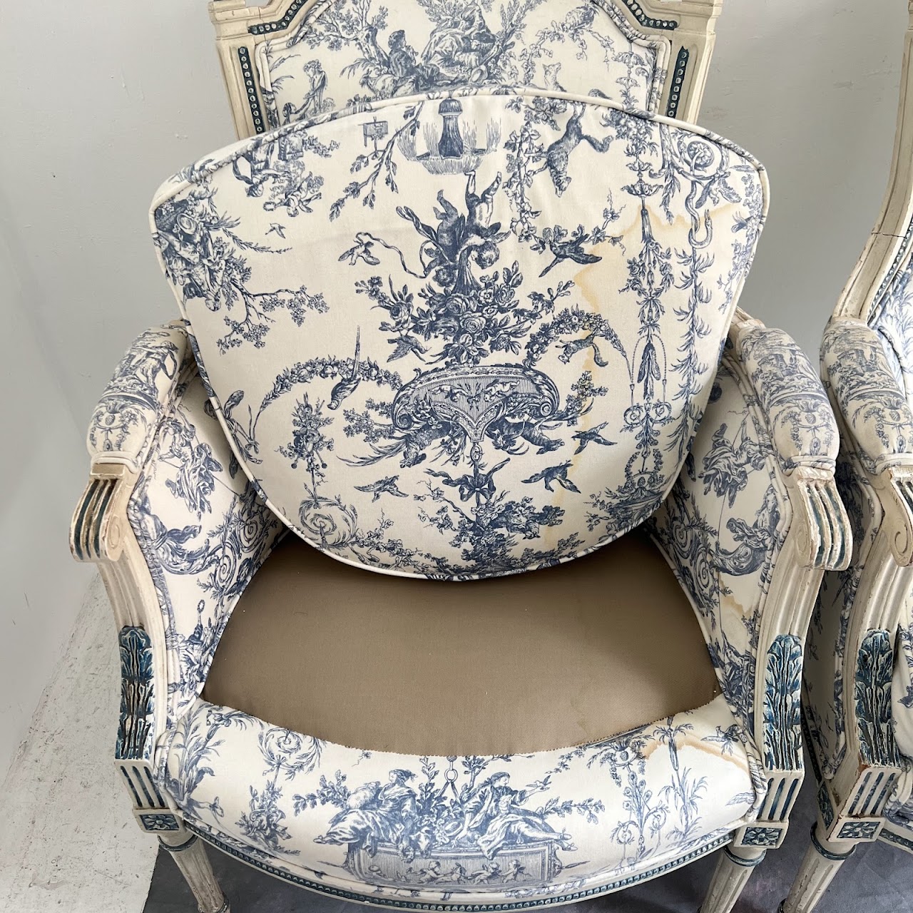 Louis XVI Style Toile Upholstered Armchair Pair