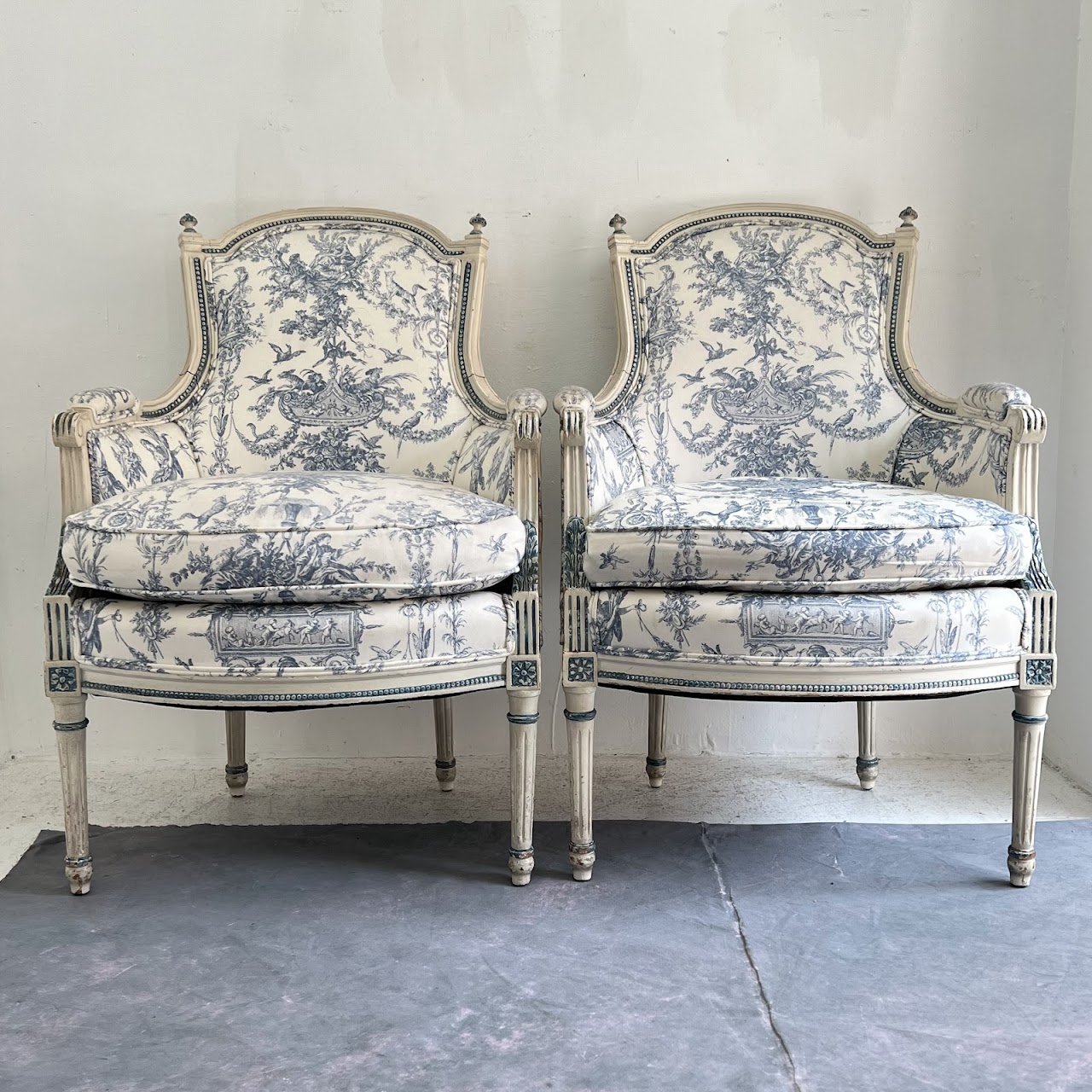 Louis XVI Style Toile Upholstered Armchair Pair