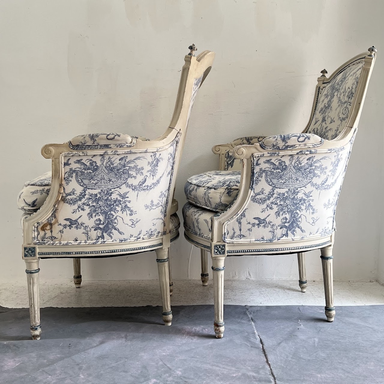 Louis XVI Style Toile Upholstered Armchair Pair