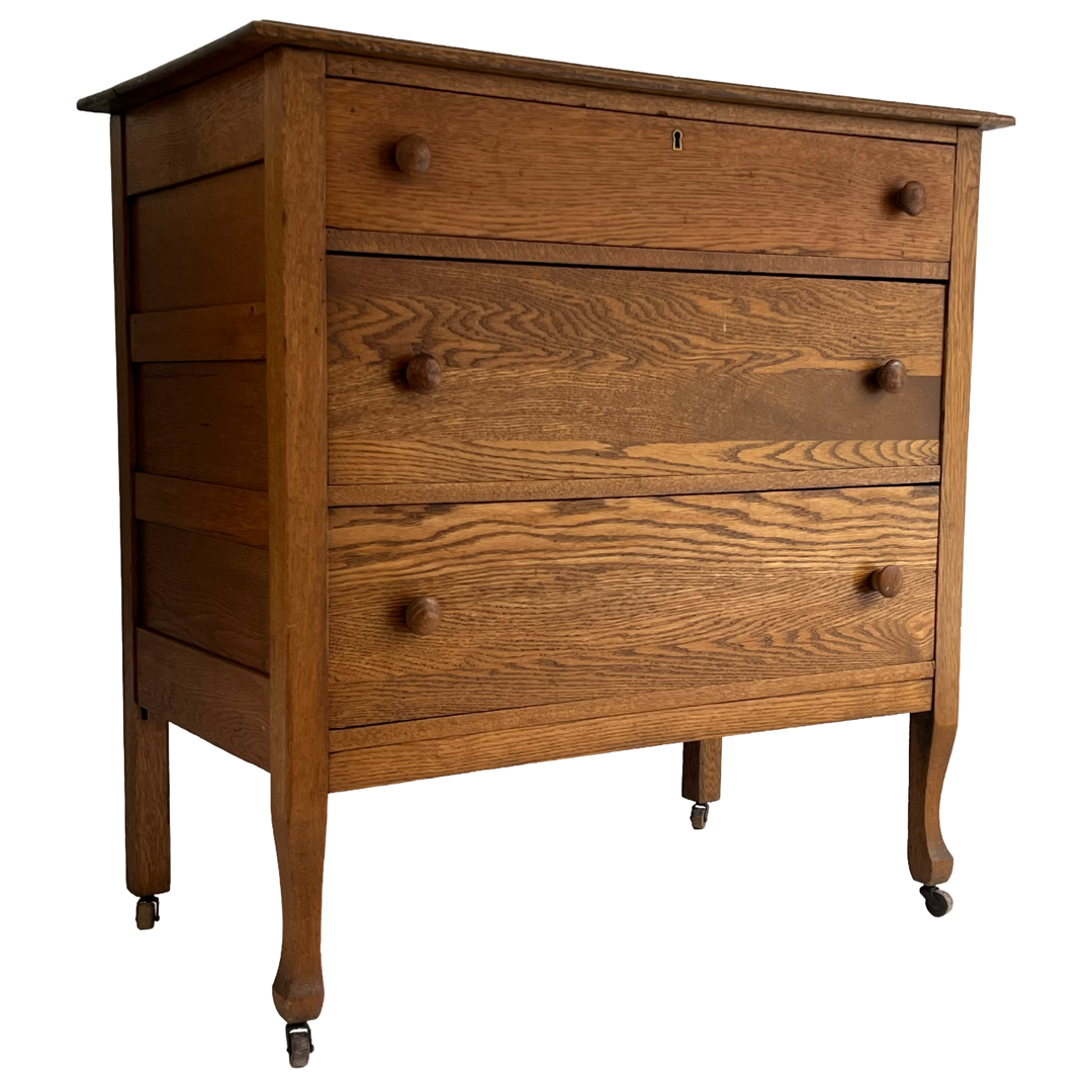 Oak Antique Three-Drawer Dresser with Casters