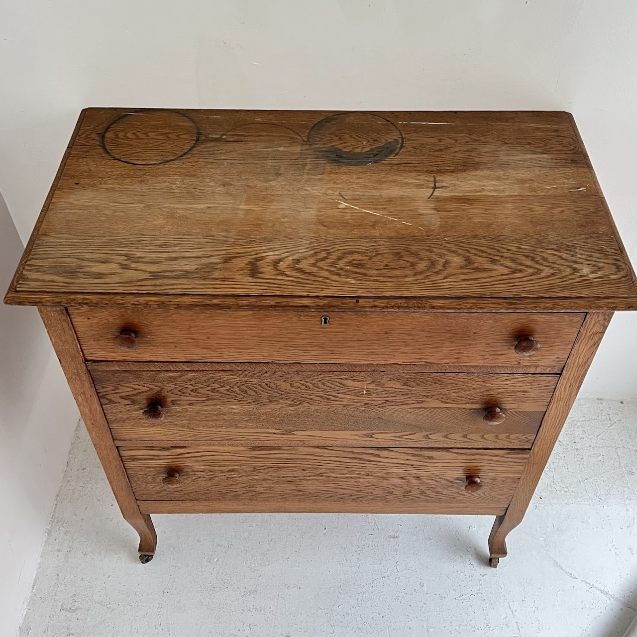 Oak Antique Three-Drawer Dresser with Casters