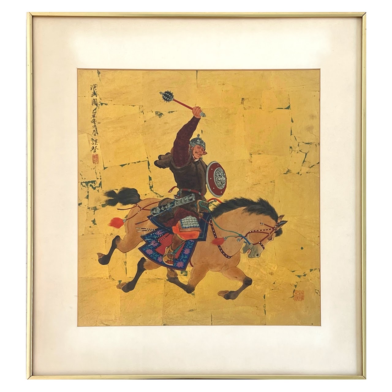 Mou-Sien Tseng 'Mongolian Warrior' Signed Gouache and Gold Leaf Painting #2