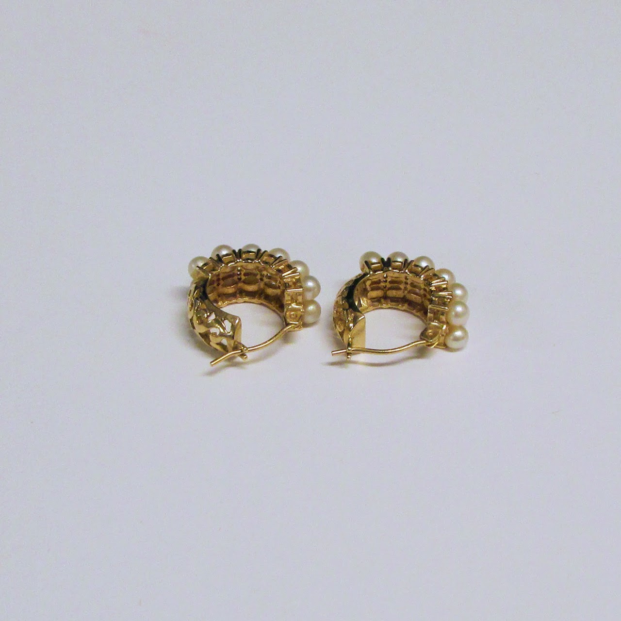 14K Gold Pearls In Two Rows Pierced Earrings