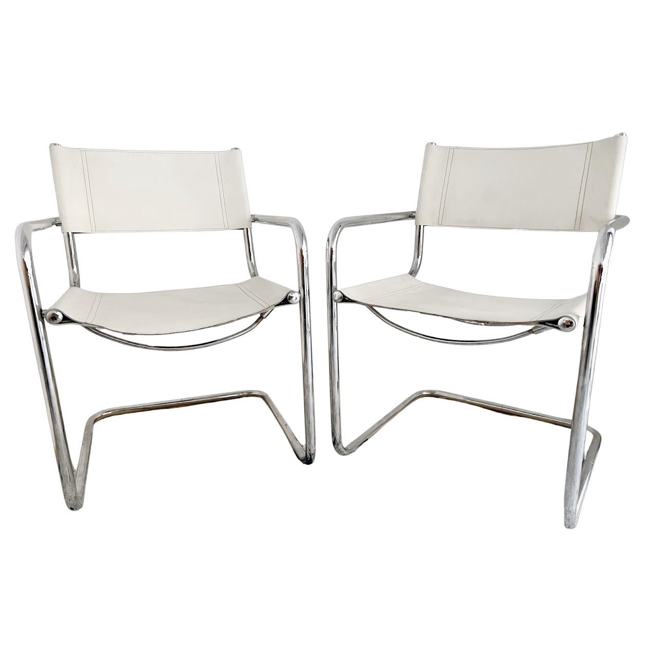 Chrome & White Leather Cantilever Chair Pair