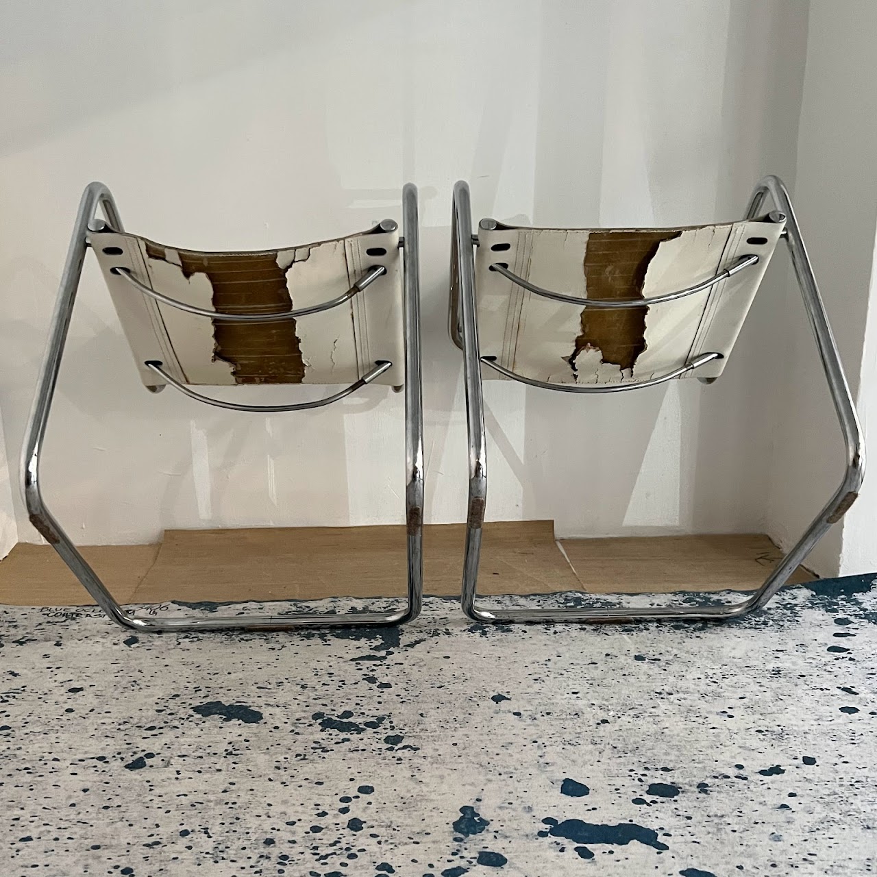 Chrome & White Leather Cantilever Chair Pair