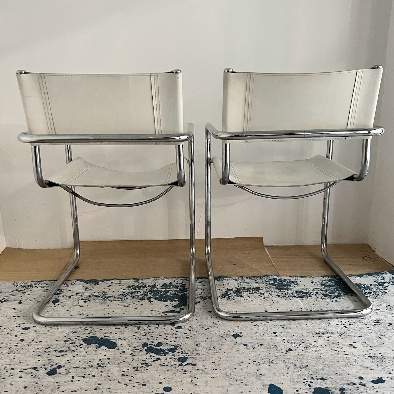 Chrome & White Leather Cantilever Chair Pair