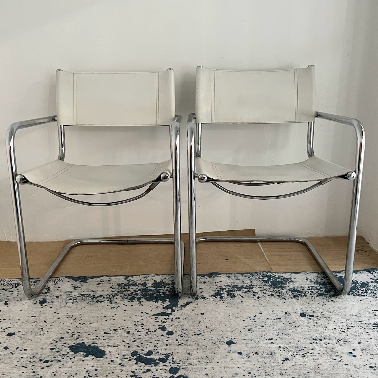 Chrome & White Leather Cantilever Chair Pair