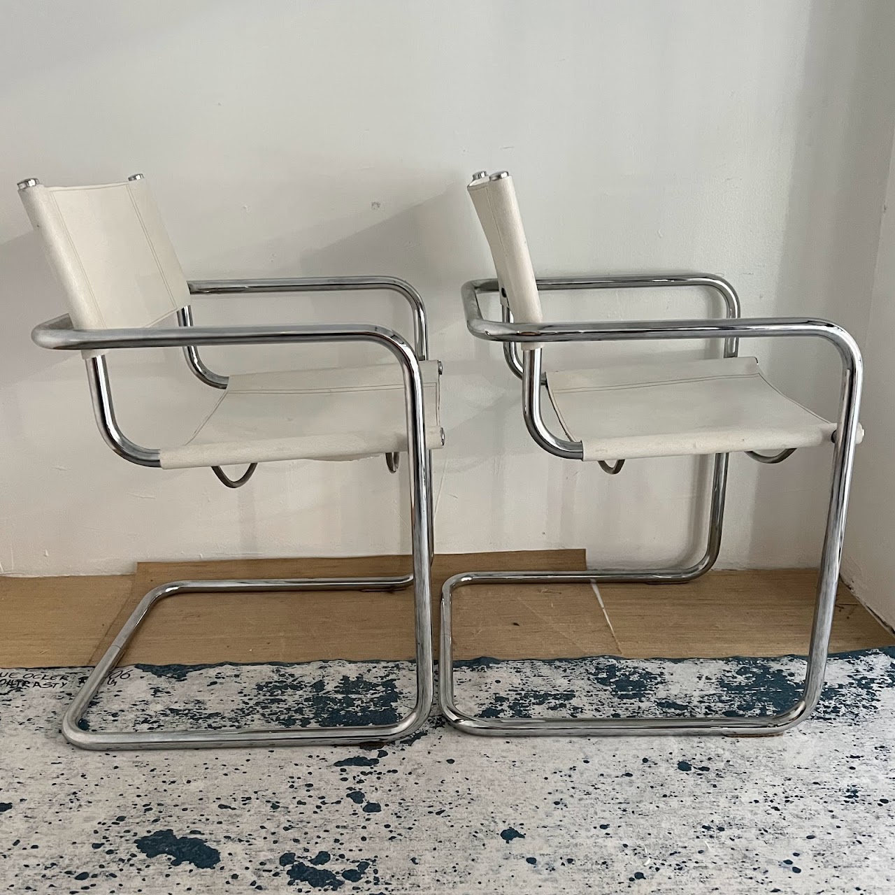 Chrome & White Leather Cantilever Chair Pair