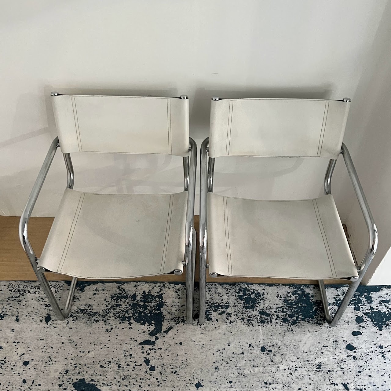 Chrome & White Leather Cantilever Chair Pair