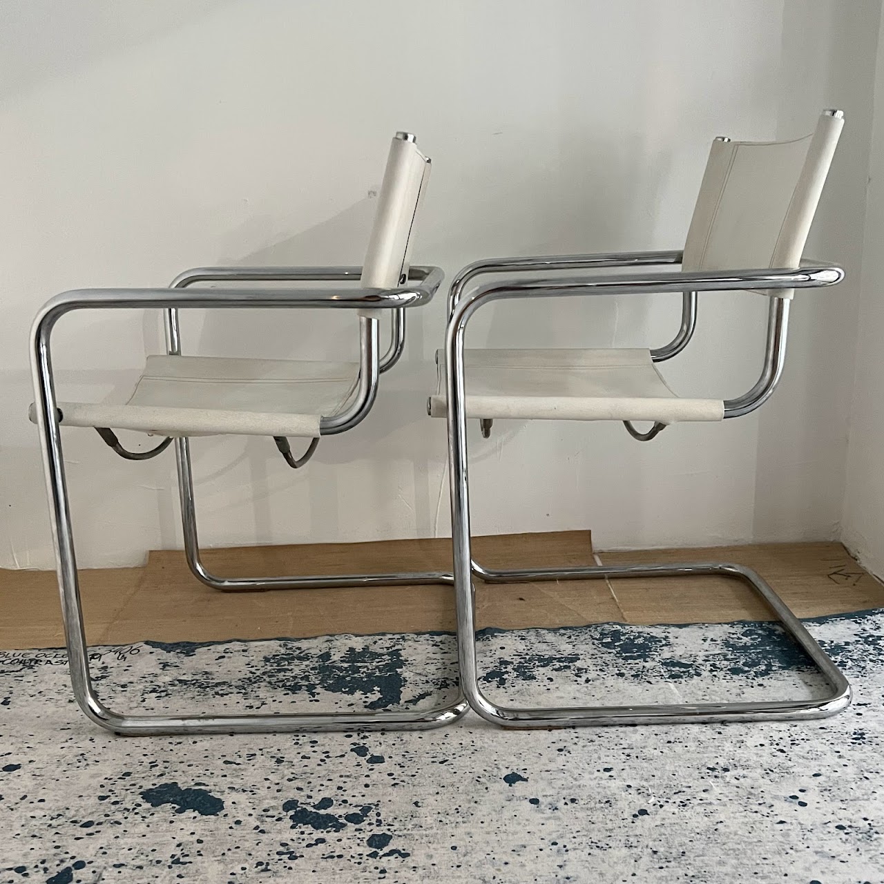 Chrome & White Leather Cantilever Chair Pair