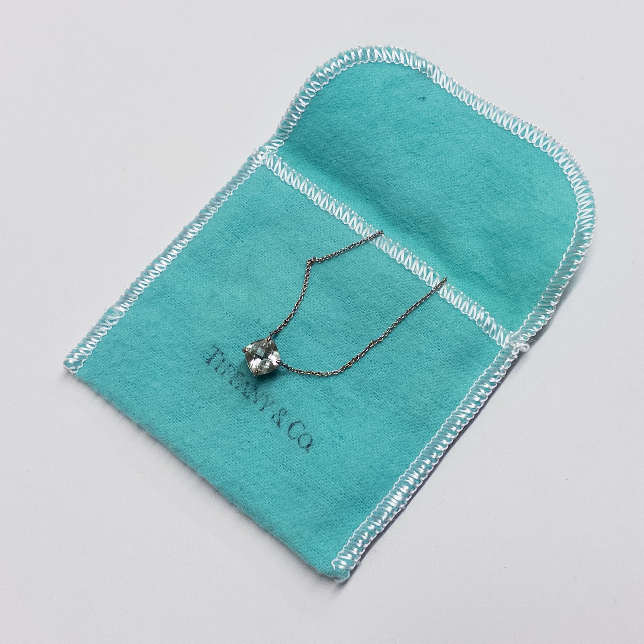 Tiffany & Co. Sterling Silver Rolo Chain Necklace with Square Crystal Pendant