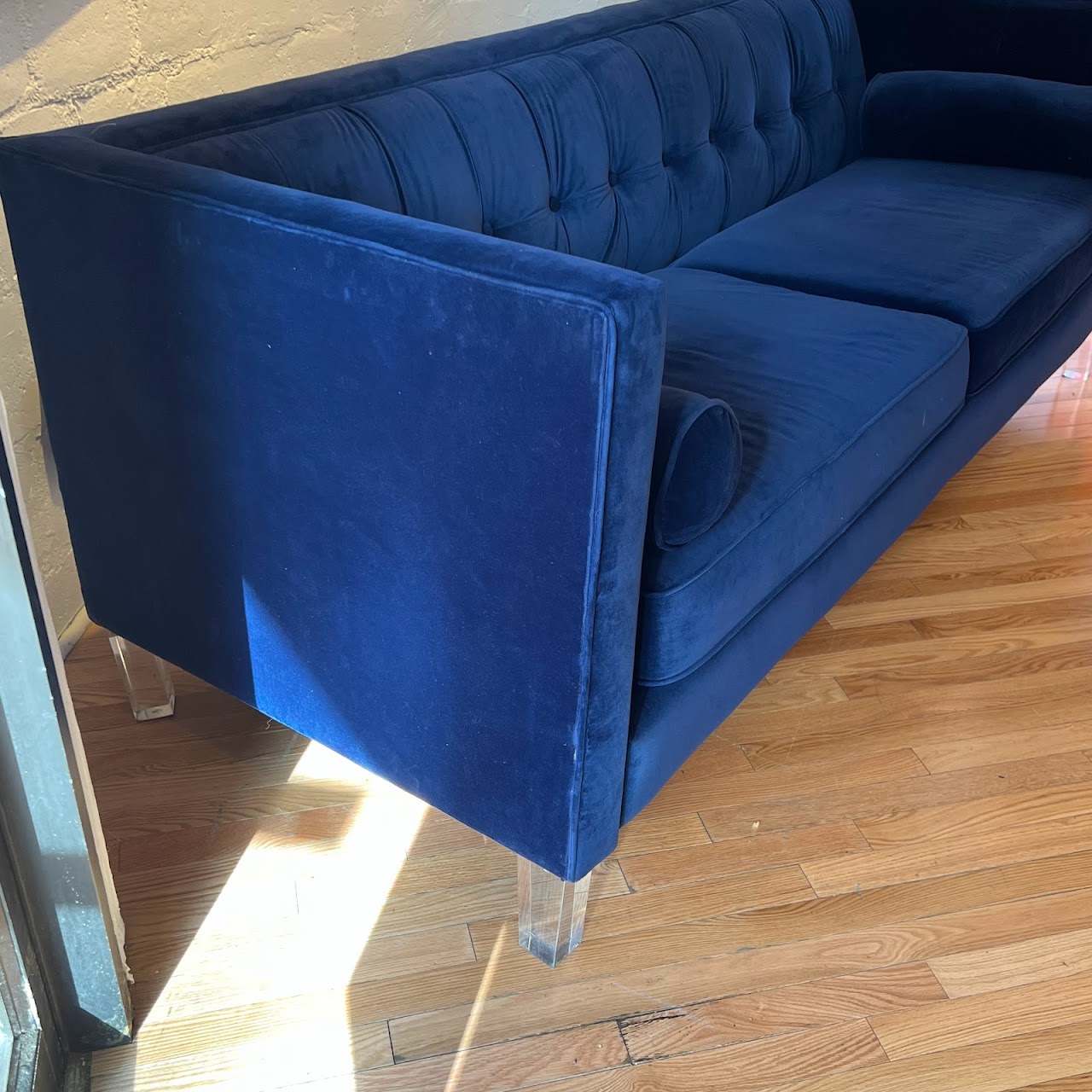 Contemporary Tufted Blue Velvet Tuxedo Sofa
