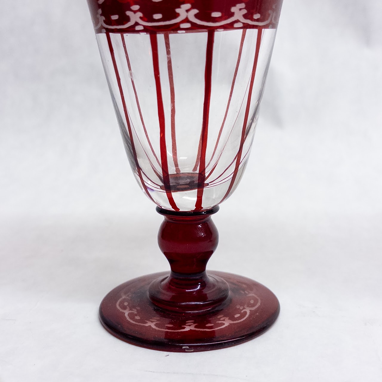 Ruby Glass Etched Tapered Decanter Pair with Glasses