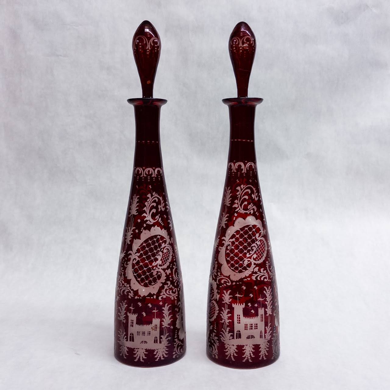 Ruby Glass Etched Tapered Decanter Pair with Glasses