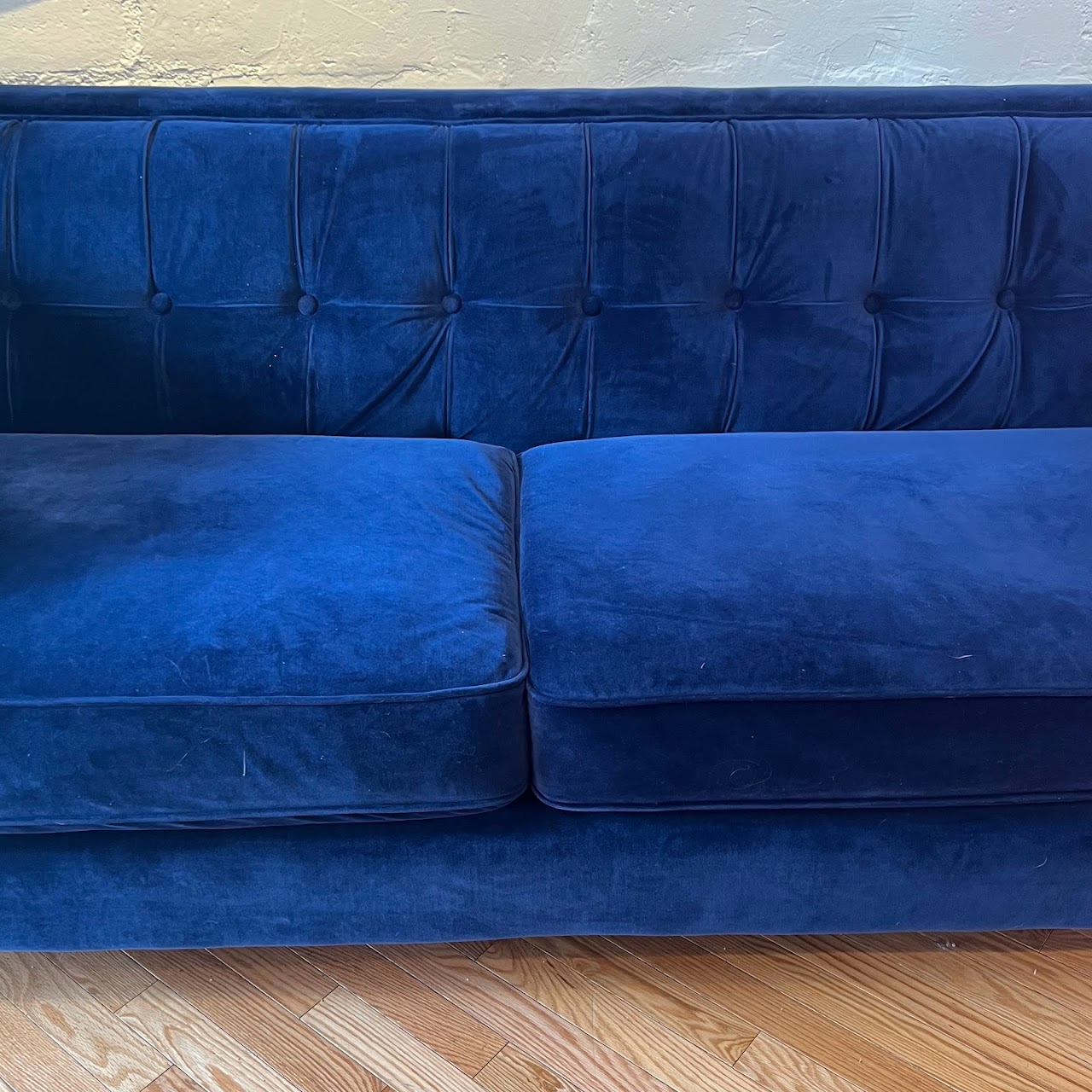 Contemporary Tufted Blue Velvet Tuxedo Sofa