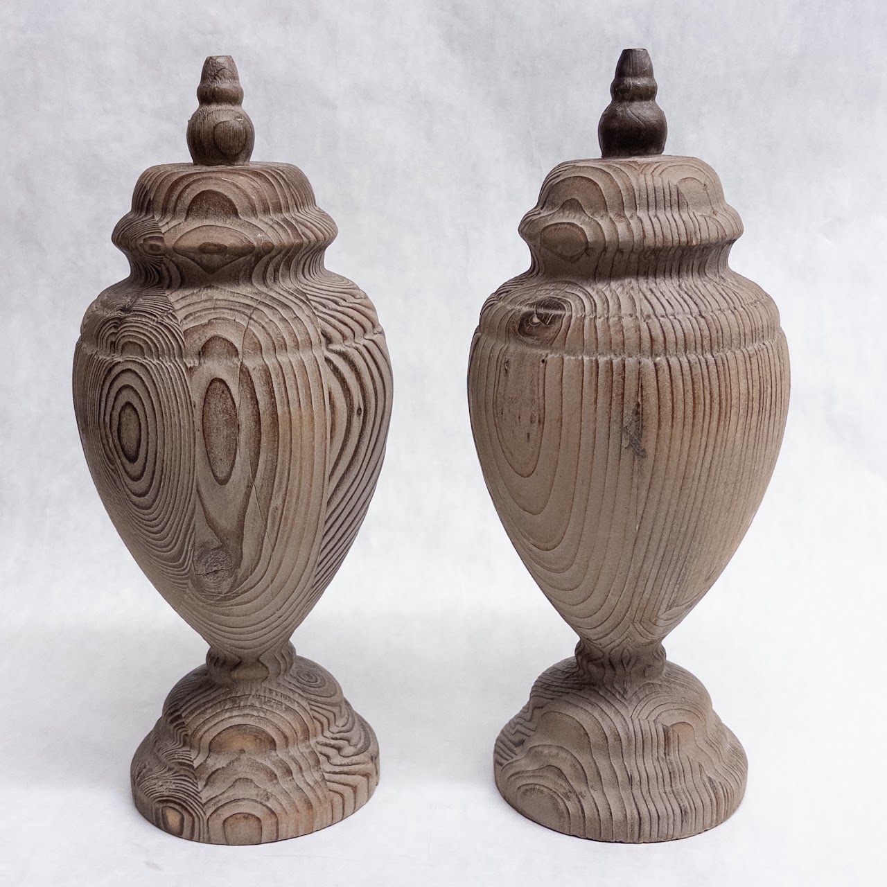 Weathered White Pine Wood Pair of Urn Shaped Sculptures