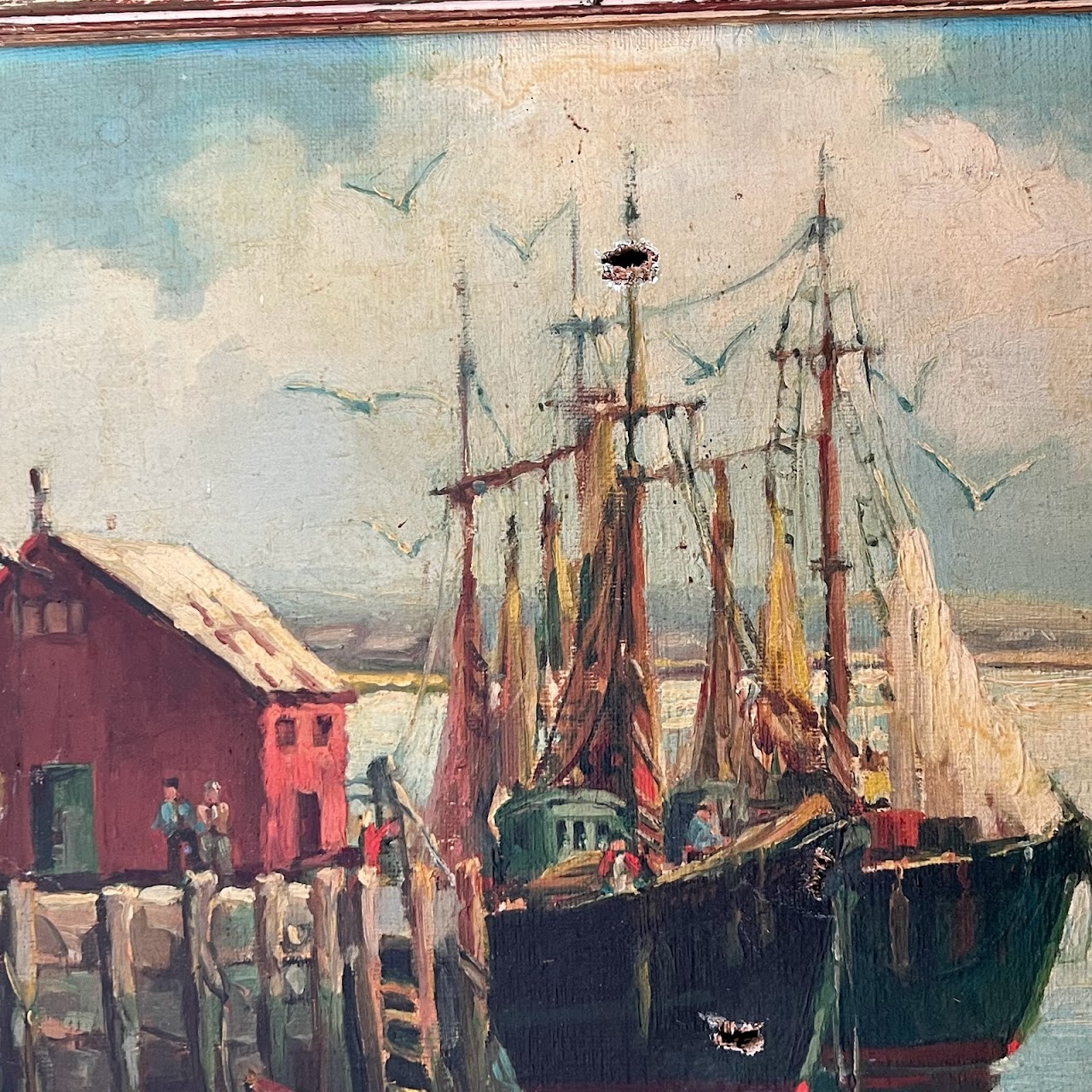 MC Lucas 1940s Harbor Scene Oil Painting #2