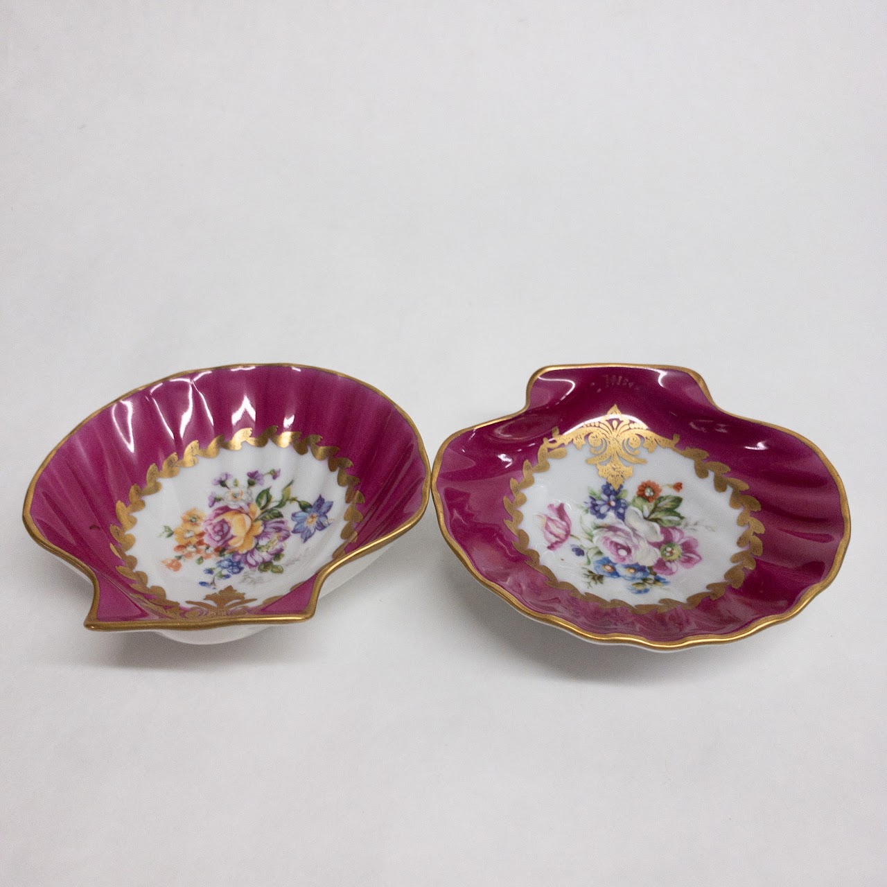 Limoges Floral Shell Trinket Dish Pair