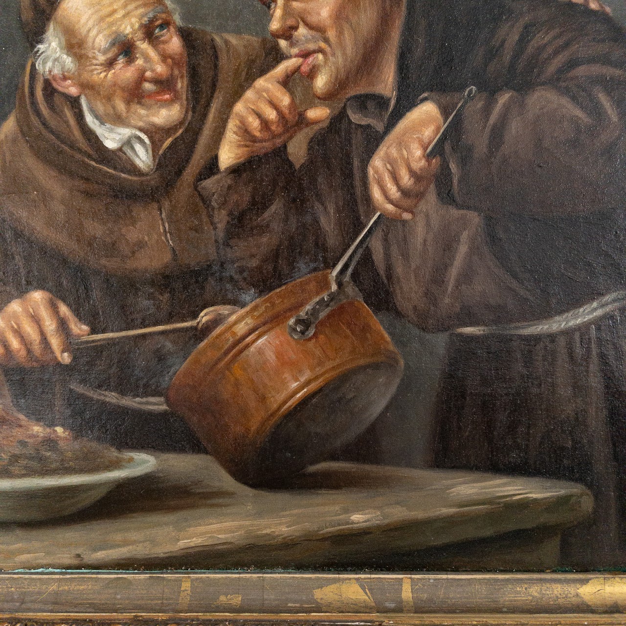 Signed Feasting Friars Oil Painting