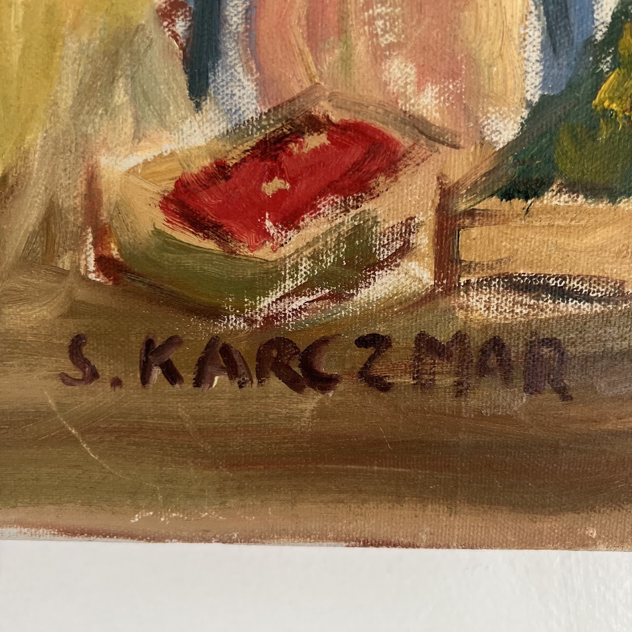 Simon Karczmar Signed Vintage Market Scene Oil Painting