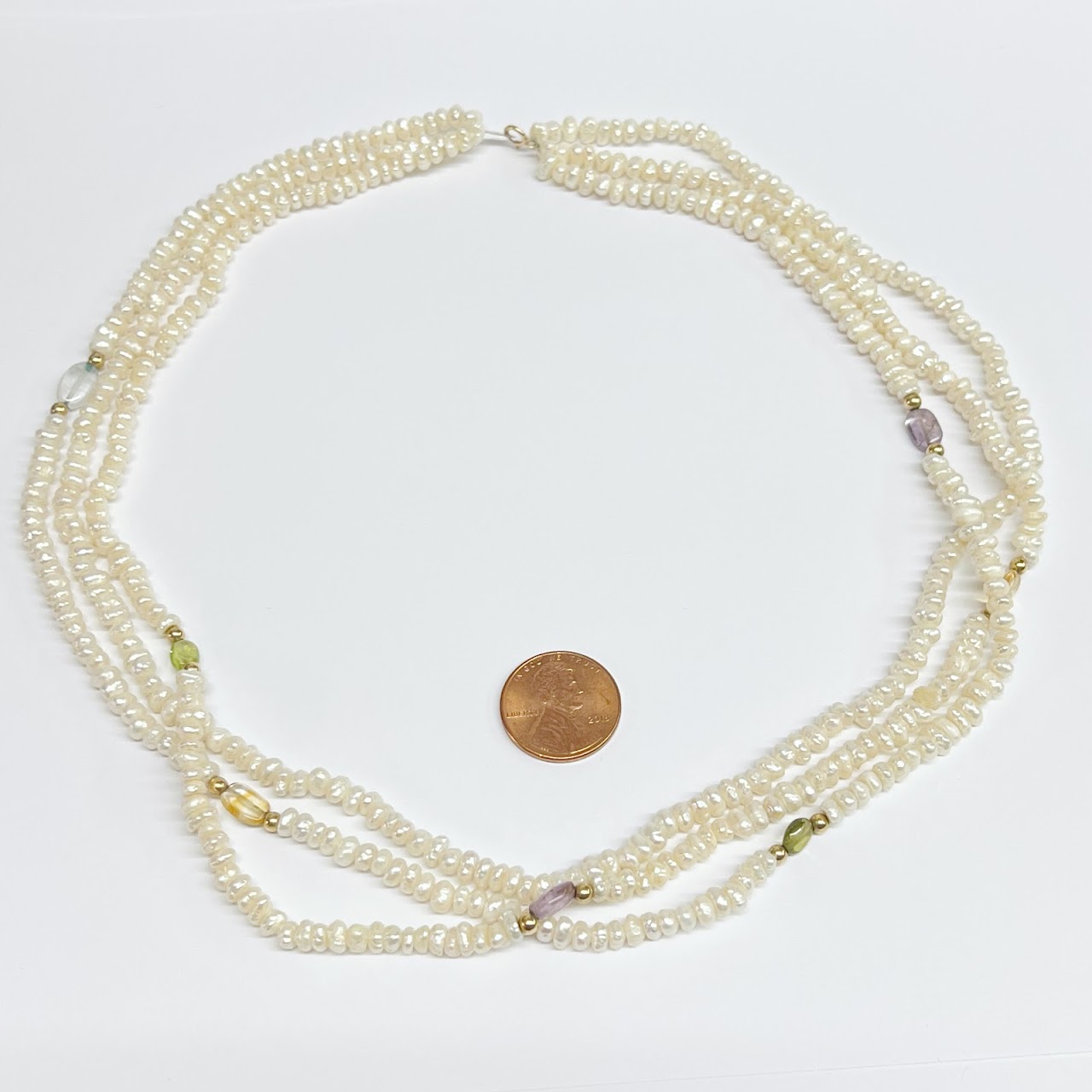 14K Gold & Seed Pearl Triple Strand Necklace