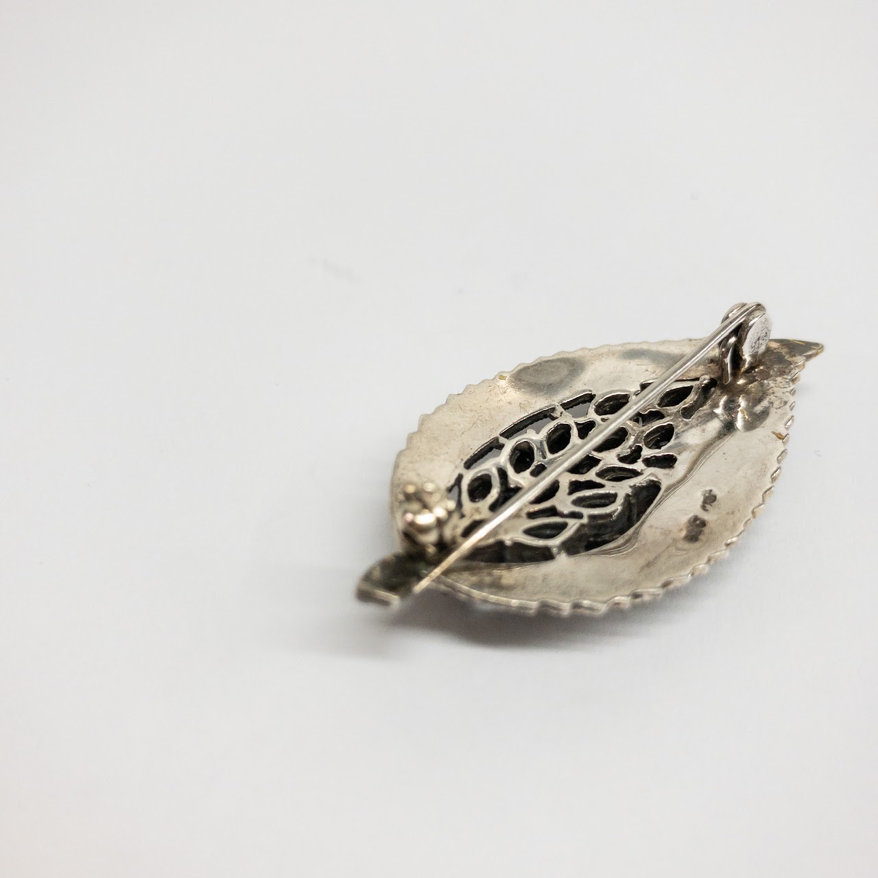 Sterling Silver, Onyx  & Marcasite Leaf Brooch